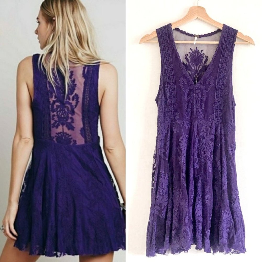 Free People Royal Purple Reign Over Me Embroidered Skater Dress Size 4